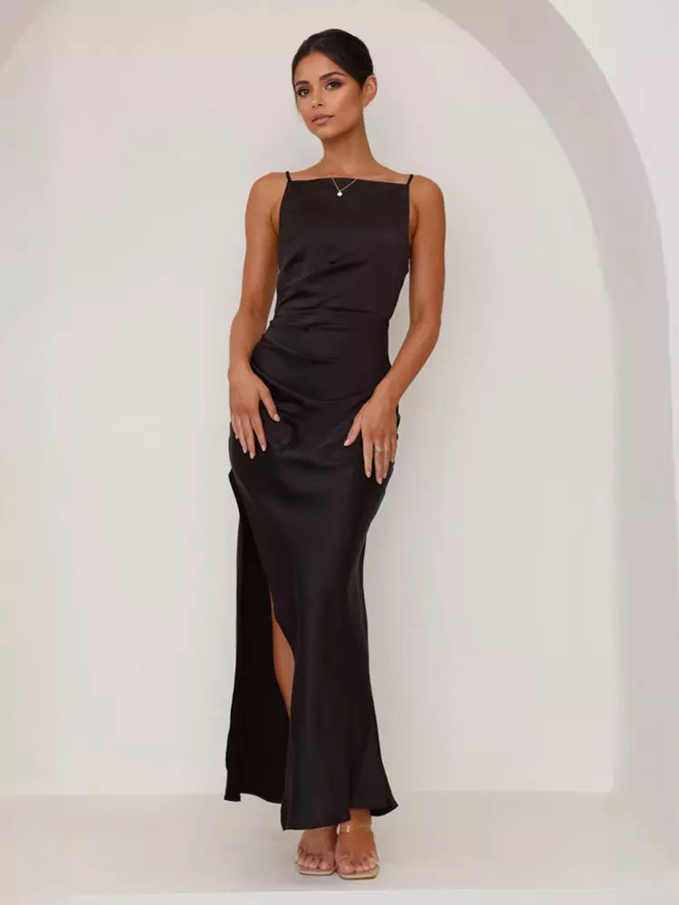 Elegant Open Back Open Shoulder Slit Sleeveless Maxi Dress
