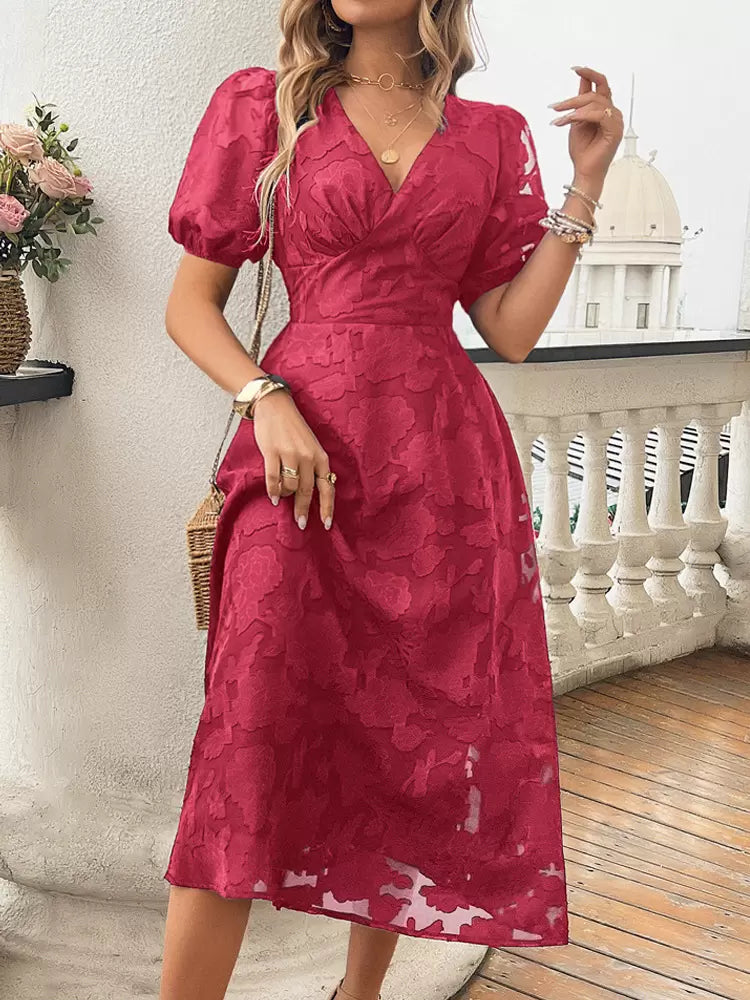 Elegant V-Neck Short Sleeves Lace Dresses
