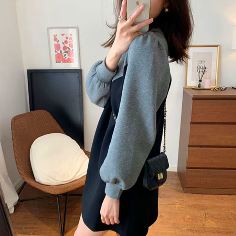 Casual Round Neck Lantern Sleeve Patchwork Loose Mini Dress Two-piece Set