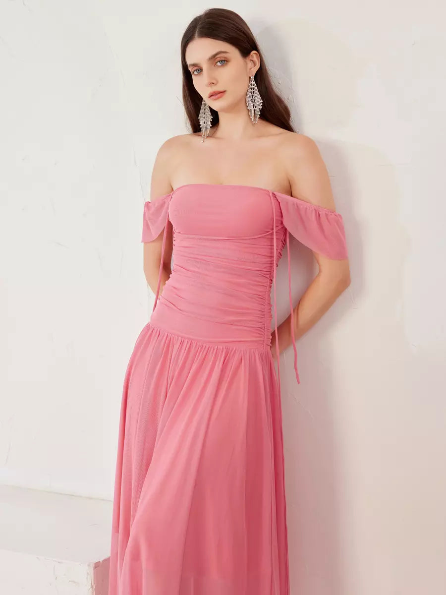 Elegant Off-shoulder Strapless Pleated Sleeveless Midi Dress