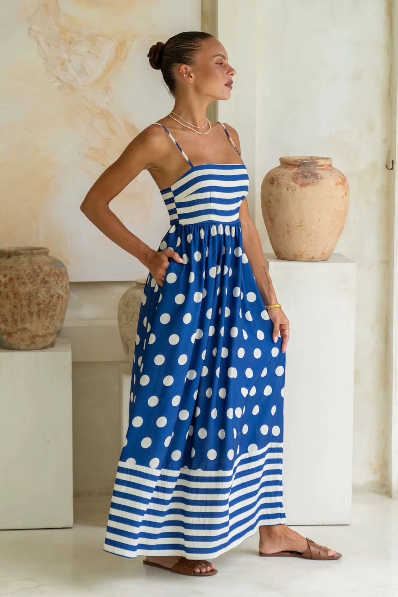 Elegant Strap Swing High Waist Printed Strap A-line Maxi Dress