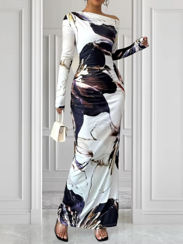 Elegant Slim Fit Printed Slanted Shoulder Long Sleeved Maxi Dress