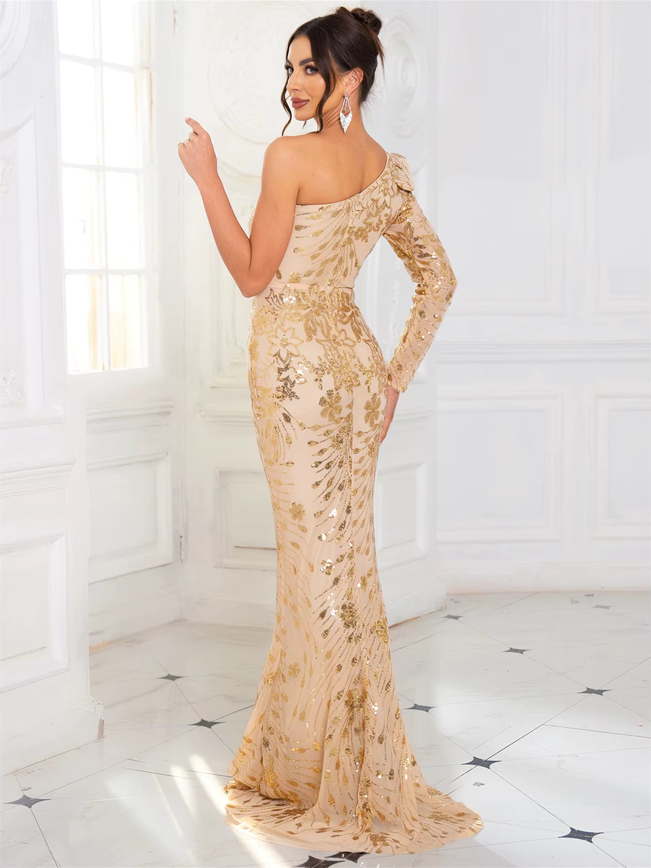 Elegant Sequined Ruffle One Shoulder Floor Length Long Sleeve Evening Event Maxi Dress