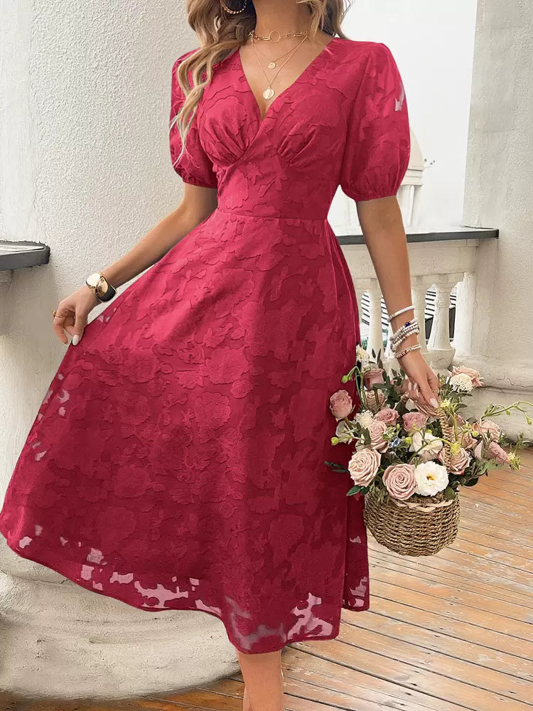 Elegant V-Neck Short Sleeves Lace Dresses
