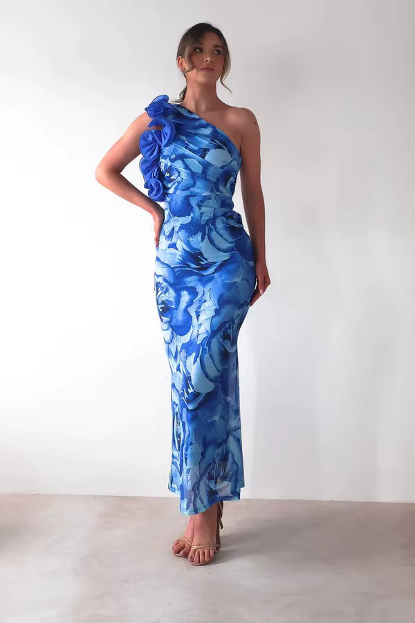 Elegant One-Shoulder Camisole Slant Shoulder Ankle-Length Maxi Dress