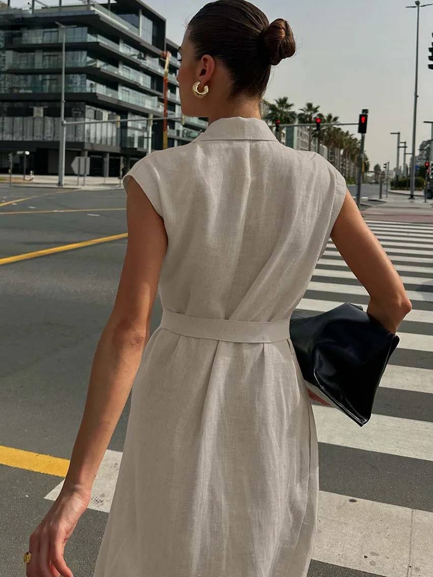 Casual Cotton Lapel Sleeveless Lace-Up Straight Ankle-Length Dress