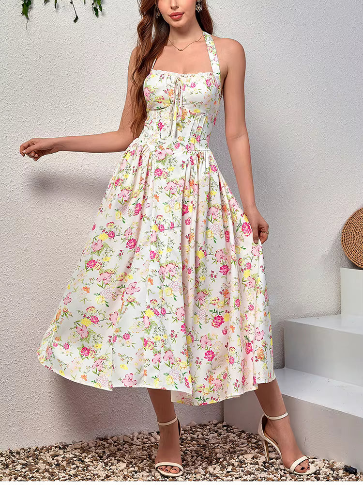 Elegant Spaghetti Straps Tie Up Halter Backless Print Floral Midi Corset Dress