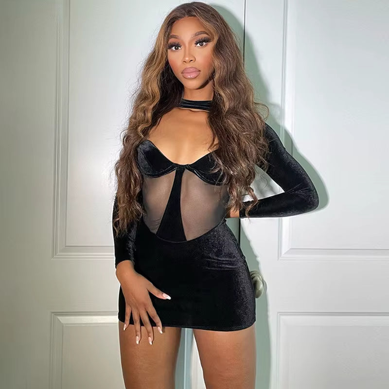 Casual Elastic Tight Hollow Out Long Sleeve Bodycon Midi Dress