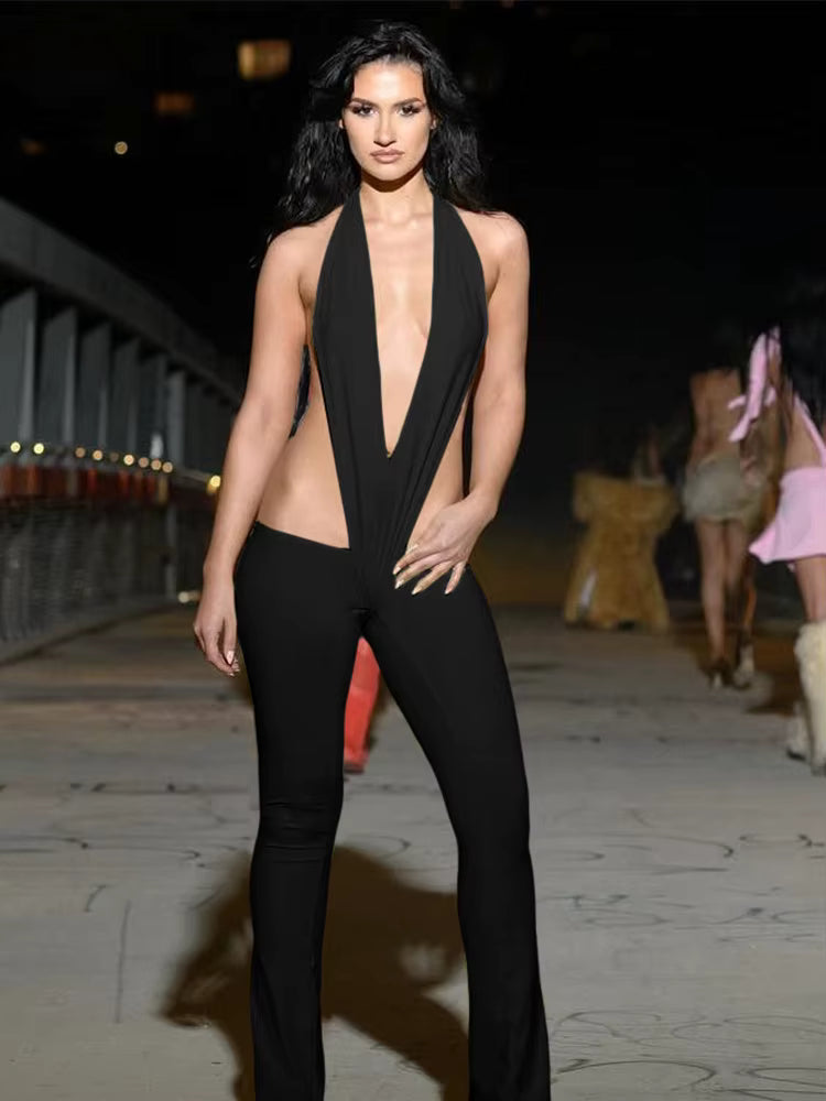 Trendy Irregular Hollow Bandage Halter Deep V-Neck Skinny Stretch Jumpsuits