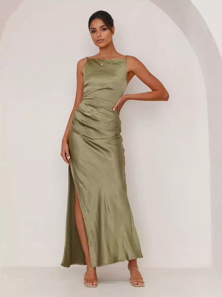Elegant Open Back Open Shoulder Slit Sleeveless Maxi Dress