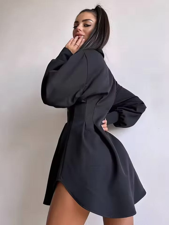 Casual Lapel Long Sleeve Mesh Patchwork Loose Mini Dress