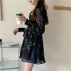 Vintage Flower Long Puff Sleeve Chiffon Mini Dress