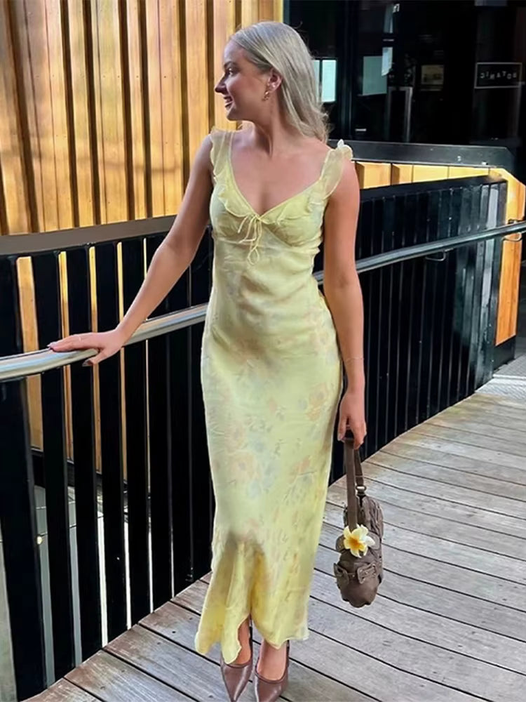 Casual Floral Halter Ruffle Pleated Print V-Neck Slim Fit Diagonal Cut Maxi Dress