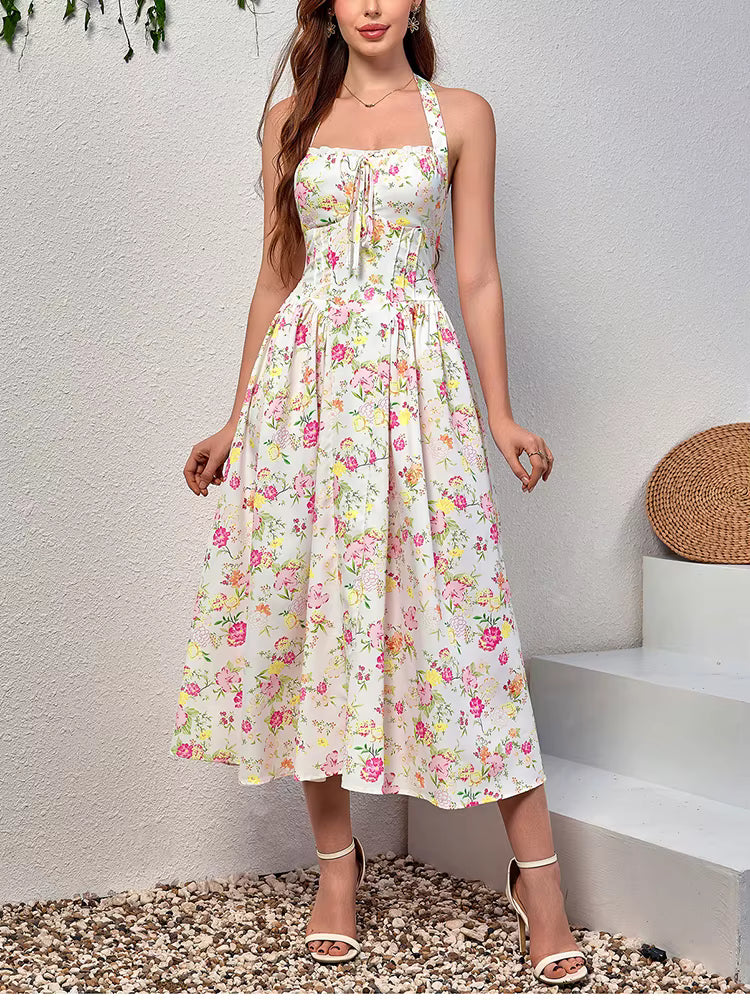 Elegant Spaghetti Straps Tie Up Halter Backless Print Floral Midi Corset Dress