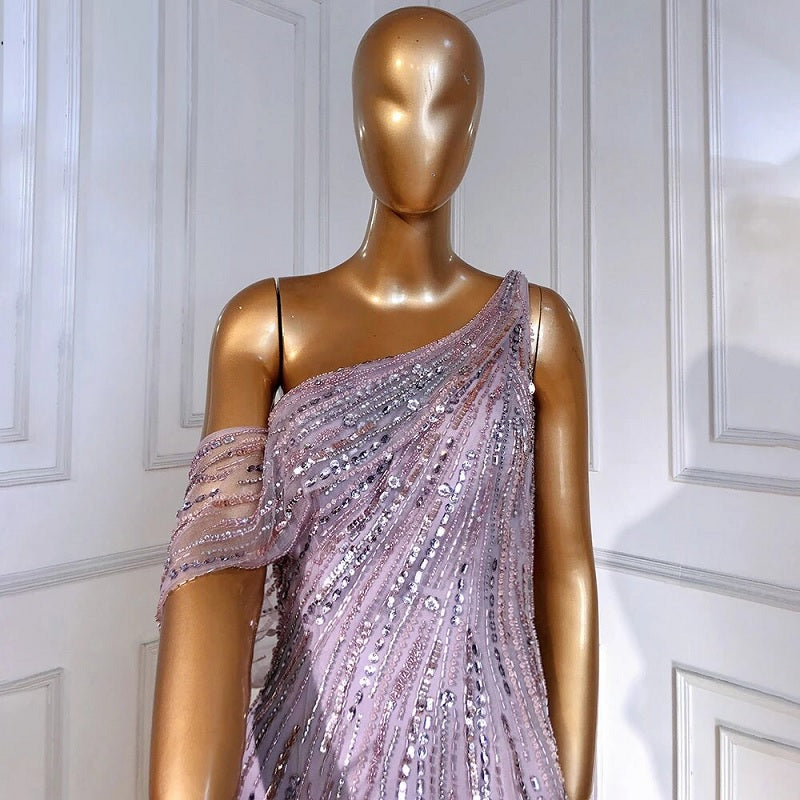 A-Line High Split One Shoulder Beaded Party Dress