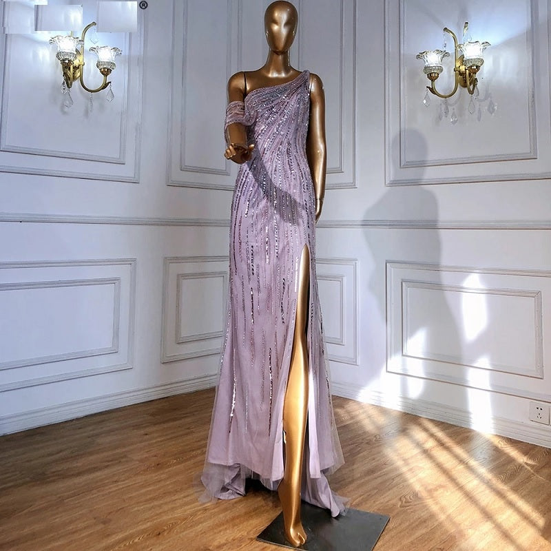 A-Line High Split One Shoulder Beaded Party Dress