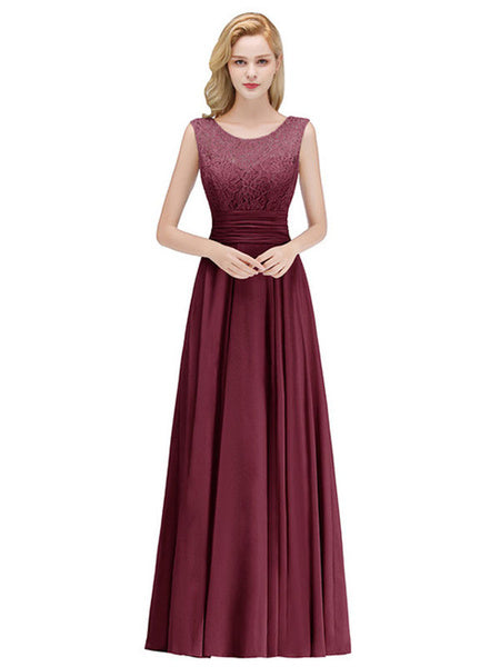A Line Jewel Neck Floor Length Zipper Lace Wedding Party Bridesmaid Dress