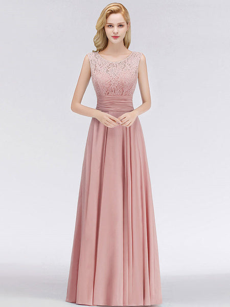 A Line Jewel Neck Floor Length Zipper Lace Wedding Party Bridesmaid Dress