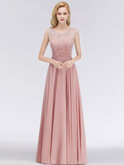 A Line Jewel Neck Floor Length Zipper Lace Wedding Party Bridesmaid Dress