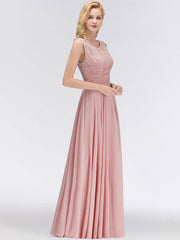 A Line Jewel Neck Floor Length Zipper Lace Wedding Party Bridesmaid Dress