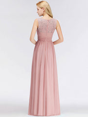 A Line Jewel Neck Floor Length Zipper Lace Wedding Party Bridesmaid Dress