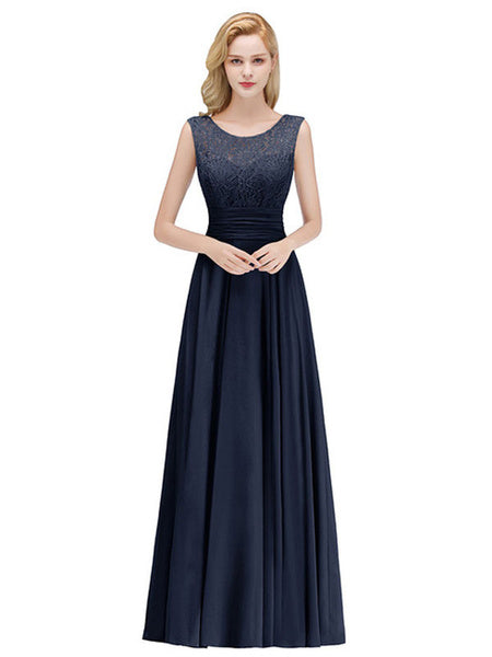 A Line Jewel Neck Floor Length Zipper Lace Wedding Party Bridesmaid Dress
