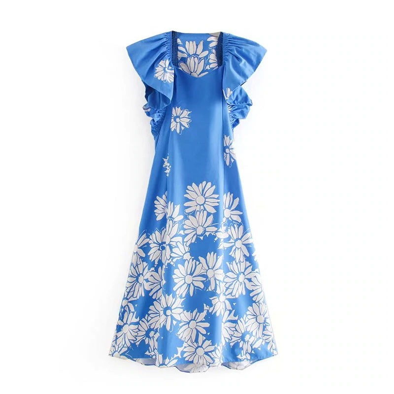 A Line Ruffled Stylish Floral Print Maxi Dress