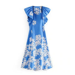 A Line Ruffled Stylish Floral Print Maxi Dress