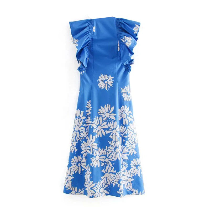 A Line Ruffled Stylish Floral Print Maxi Dress
