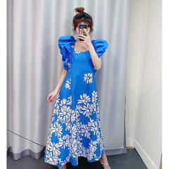 A Line Ruffled Stylish Floral Print Maxi Dress