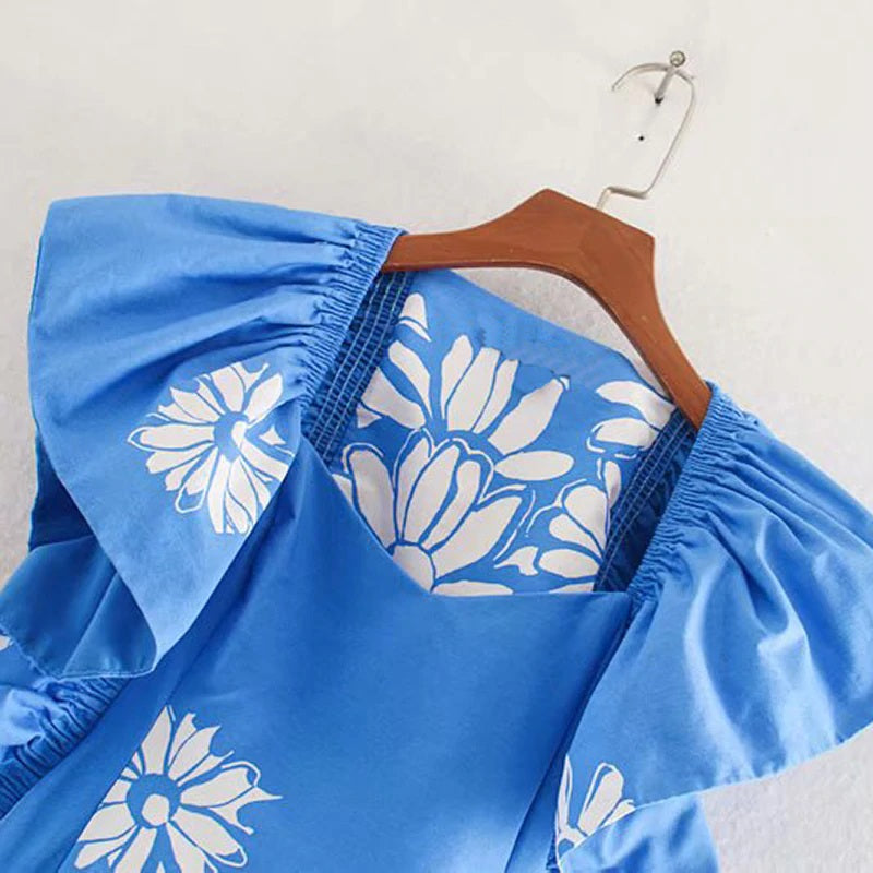A Line Ruffled Stylish Floral Print Maxi Dress