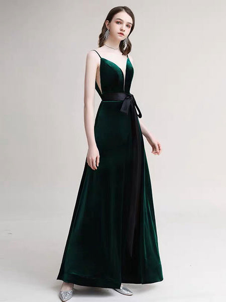 A Line V Neck Velour Floor Length Sash Social Pageant Evening Dresses