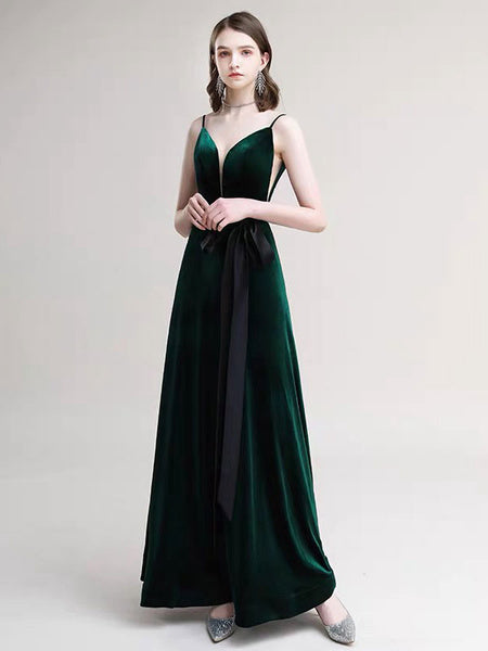 A Line V Neck Velour Floor Length Sash Social Pageant Evening Dresses