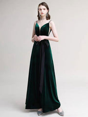 A Line V Neck Velour Floor Length Sash Social Pageant Evening Dresses