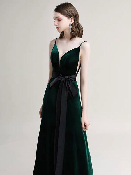 A Line V Neck Velour Floor Length Sash Social Pageant Evening Dresses