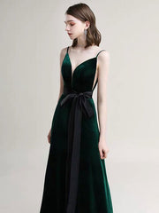 A Line V Neck Velour Floor Length Sash Social Pageant Evening Dresses