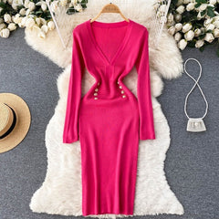 A Line V Neck Waist Long Sleeves Solid Casual Dress