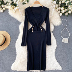 A Line V Neck Waist Long Sleeves Solid Casual Dress