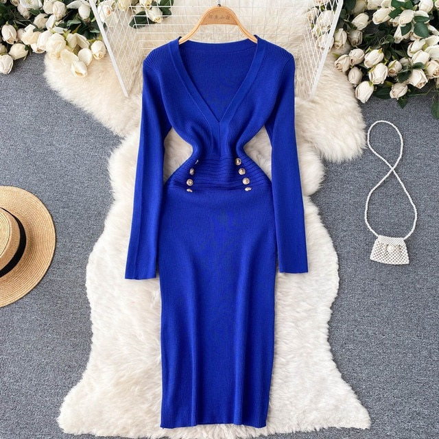 A Line V Neck Waist Long Sleeves Solid Casual Dress