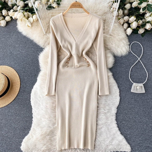 A Line V Neck Waist Long Sleeves Solid Casual Dress