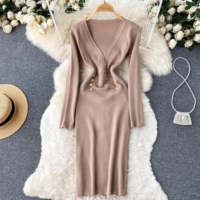 A Line V Neck Waist Long Sleeves Solid Casual Dress