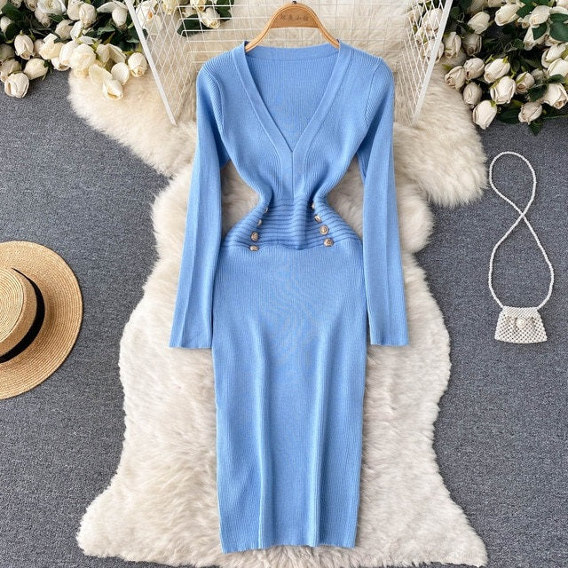 A Line V Neck Waist Long Sleeves Solid Casual Dress