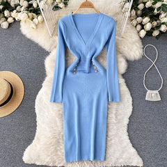 A Line V Neck Waist Long Sleeves Solid Casual Dress