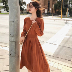 A-line Long Sleeve Elegant Pleated Knitted Sweater Dress