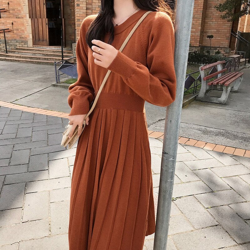 A-line Long Sleeve Elegant Pleated Knitted Sweater Dress
