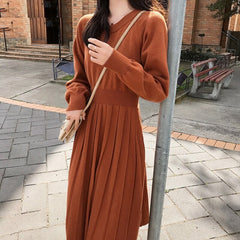 A-line Long Sleeve Elegant Pleated Knitted Sweater Dress