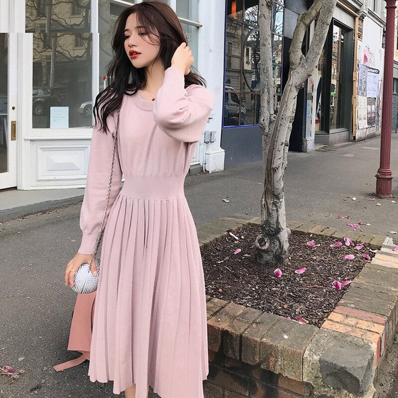 A-line Long Sleeve Elegant Pleated Knitted Sweater Dress