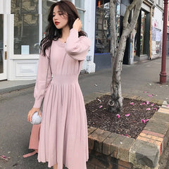 A-line Long Sleeve Elegant Pleated Knitted Sweater Dress