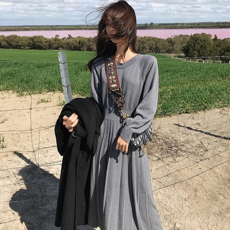 A-line Long Sleeve Elegant Pleated Knitted Sweater Dress