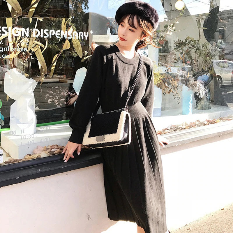 A-line Long Sleeve Elegant Pleated Knitted Sweater Dress